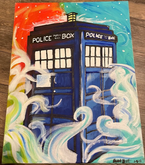 TARDIS in the night sky on canvas